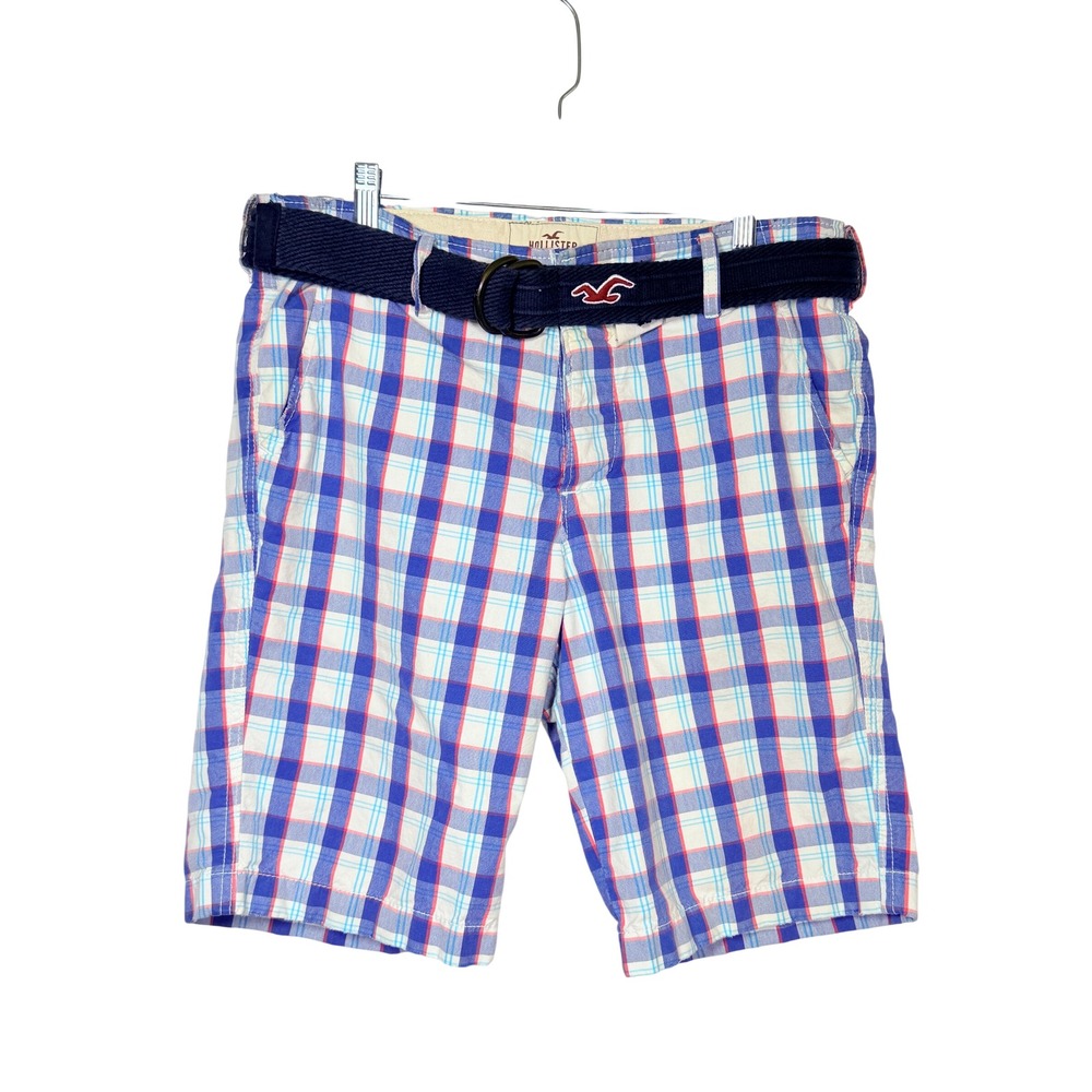 Hollister Mens Plaid Shorts 34 Blue Red White Preppy Beach Coastal Cali Y2K Belt
